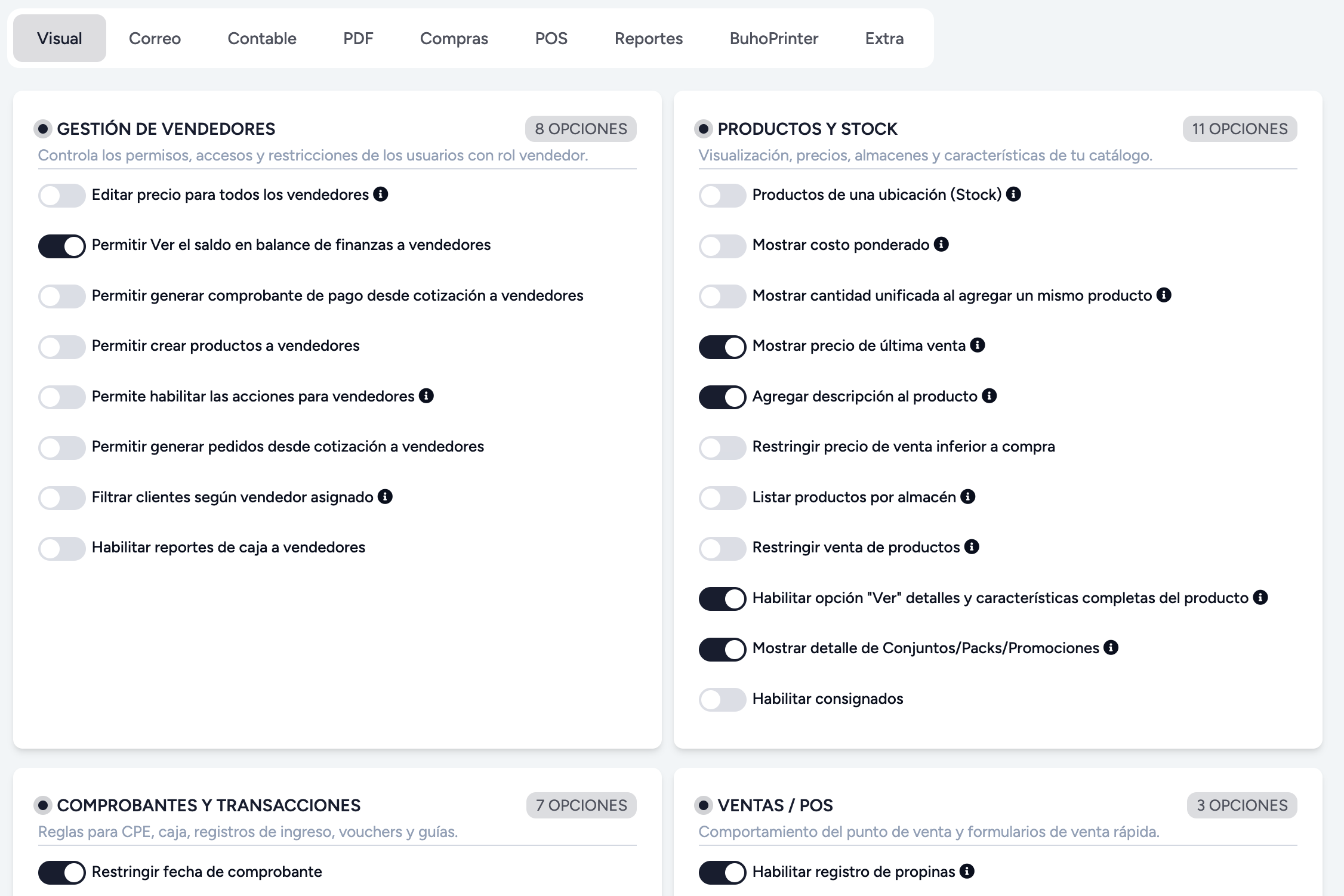 Configuraciones reorganizadas por categorías