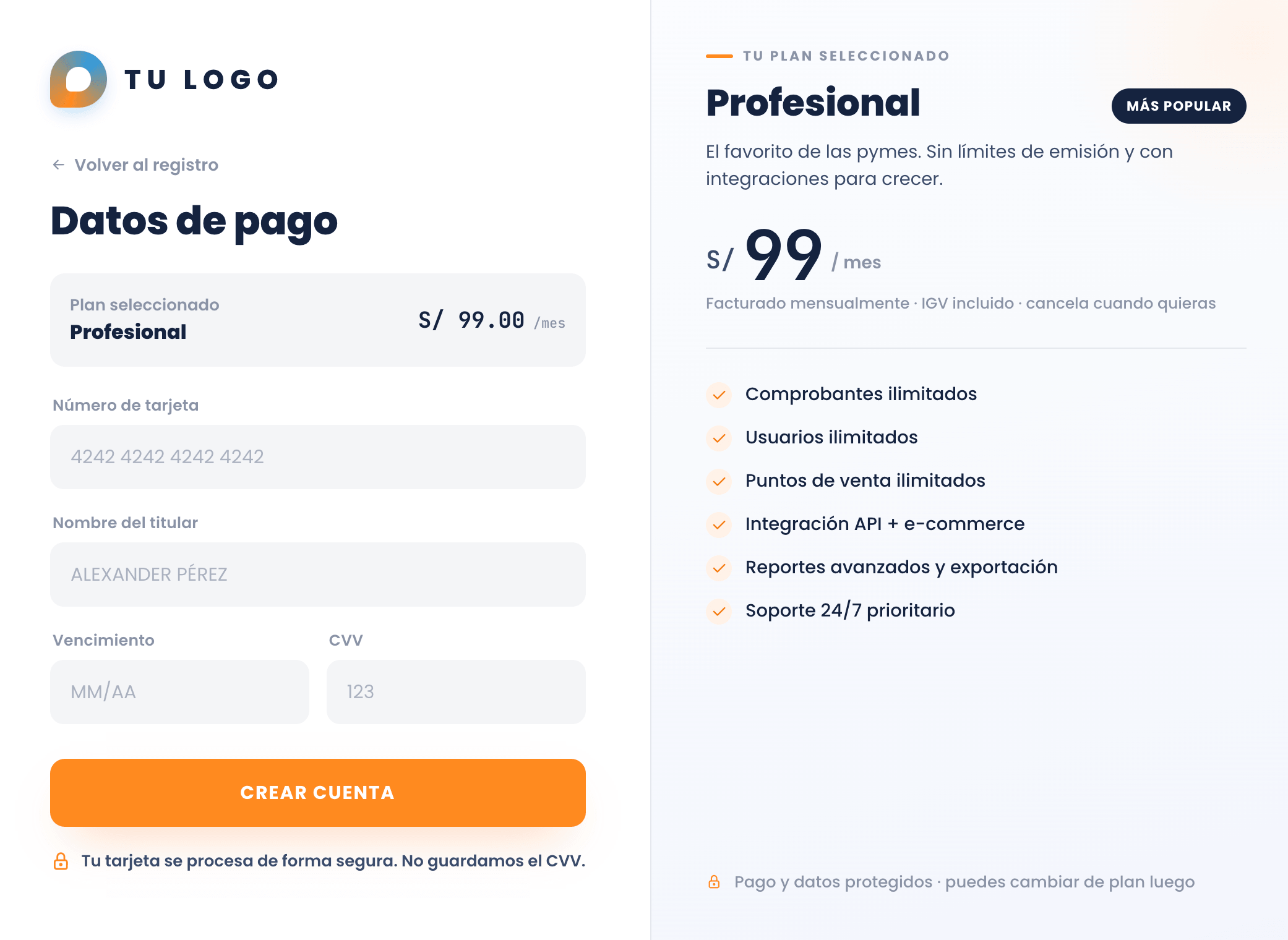 Datos de pago y creación de cuenta