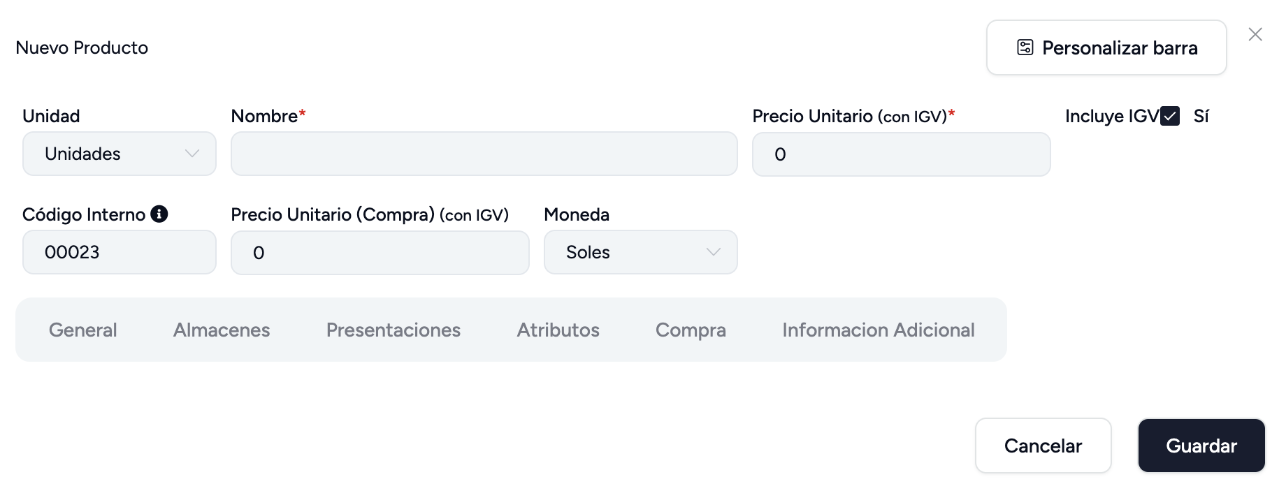 Formulario de nuevo producto con los campos principales