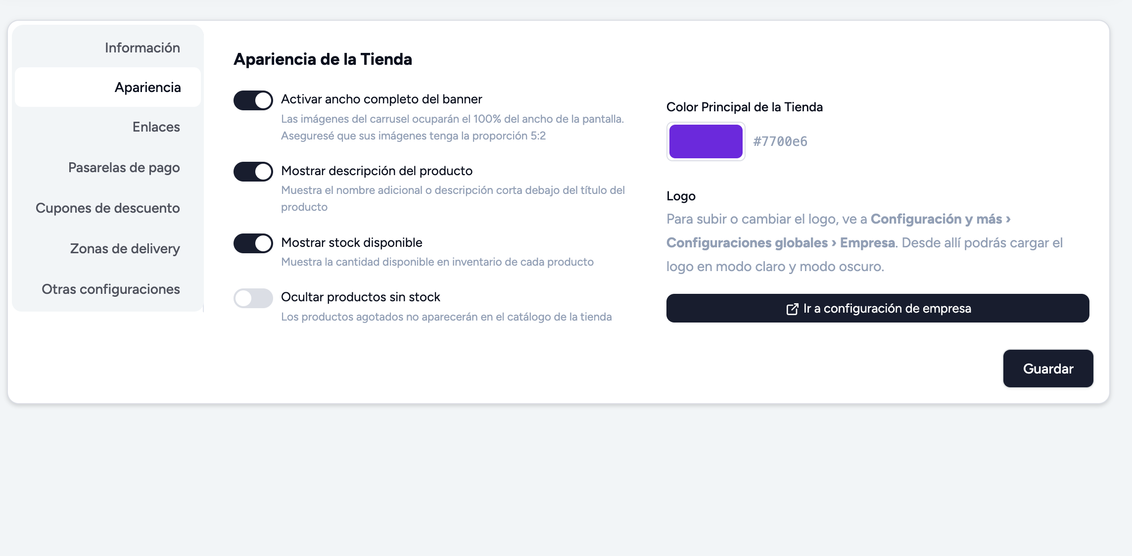 Apariencia de la tienda: color principal, banner y stock