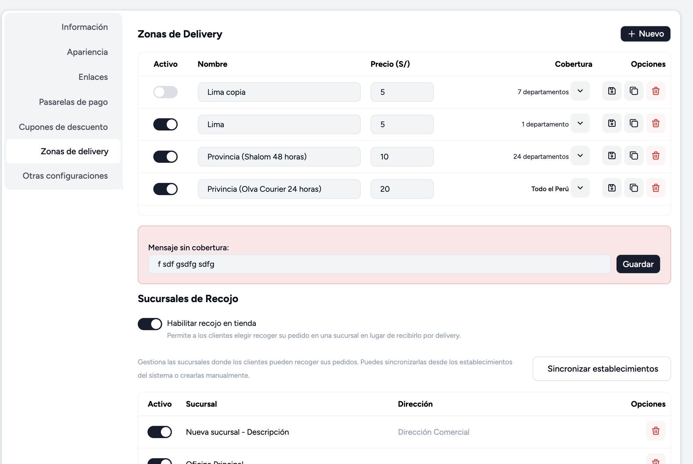 Zonas de delivery y sucursales de recojo