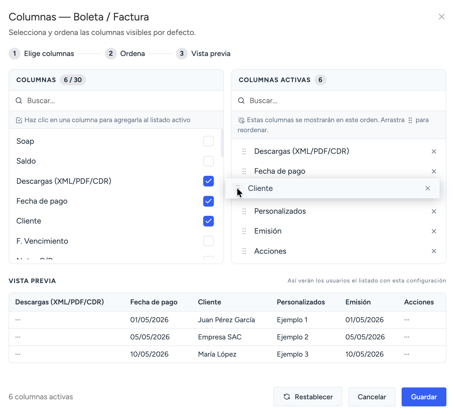 Editor de columnas con elegir, ordenar y vista previa