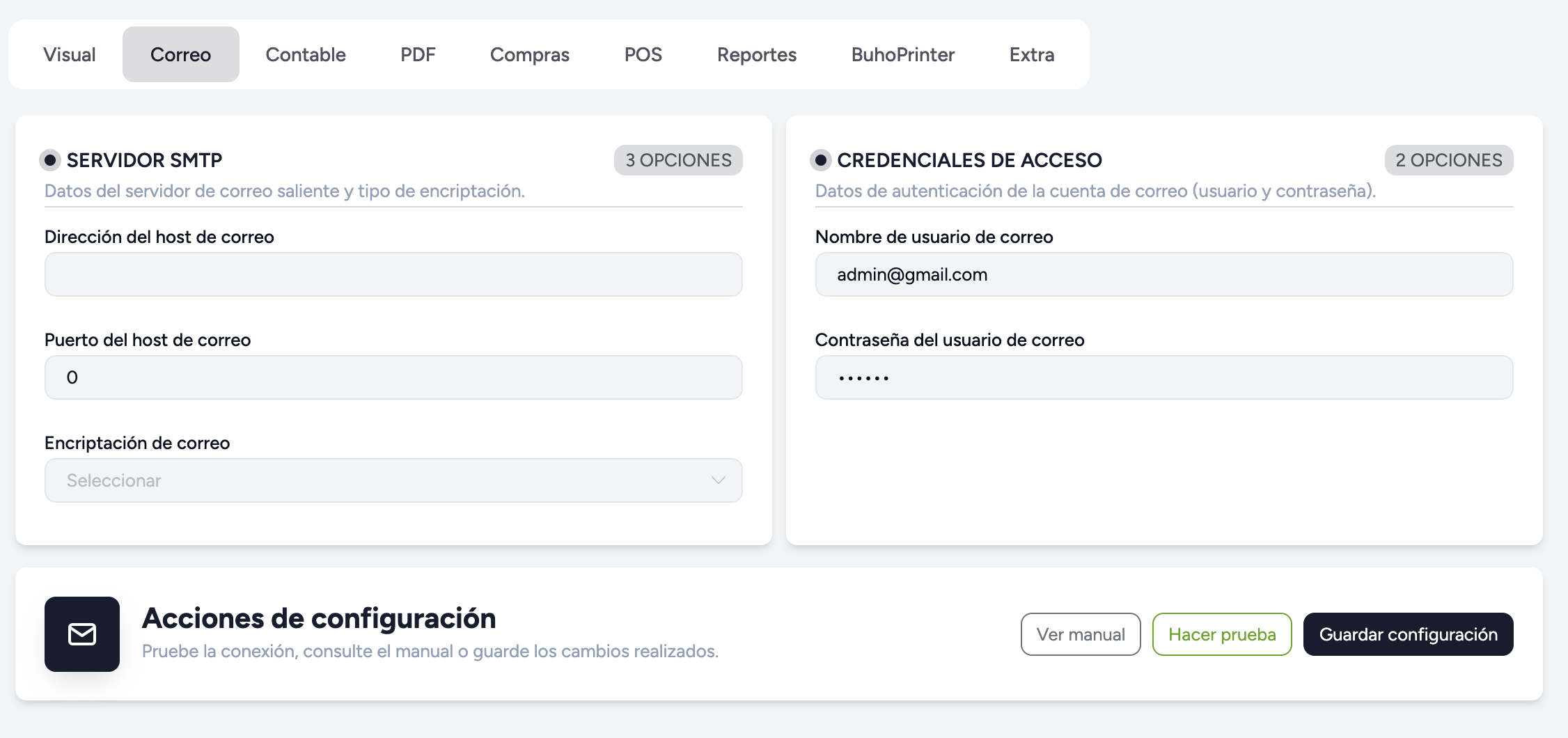Configuración de servidor SMTP por empresa con prueba de correo