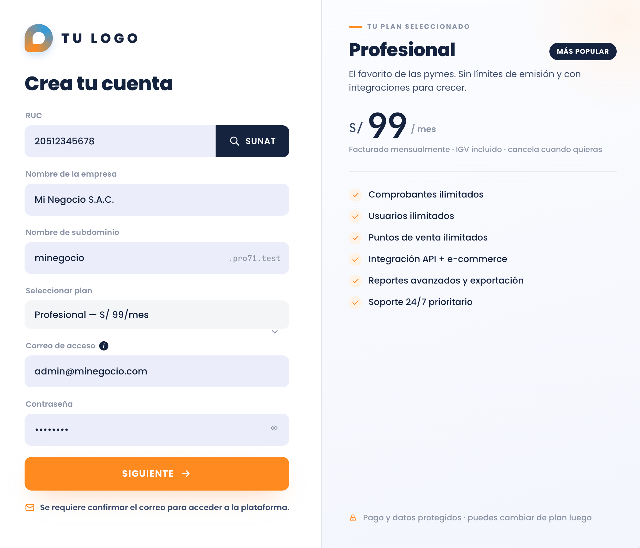 Registro con selección de plan