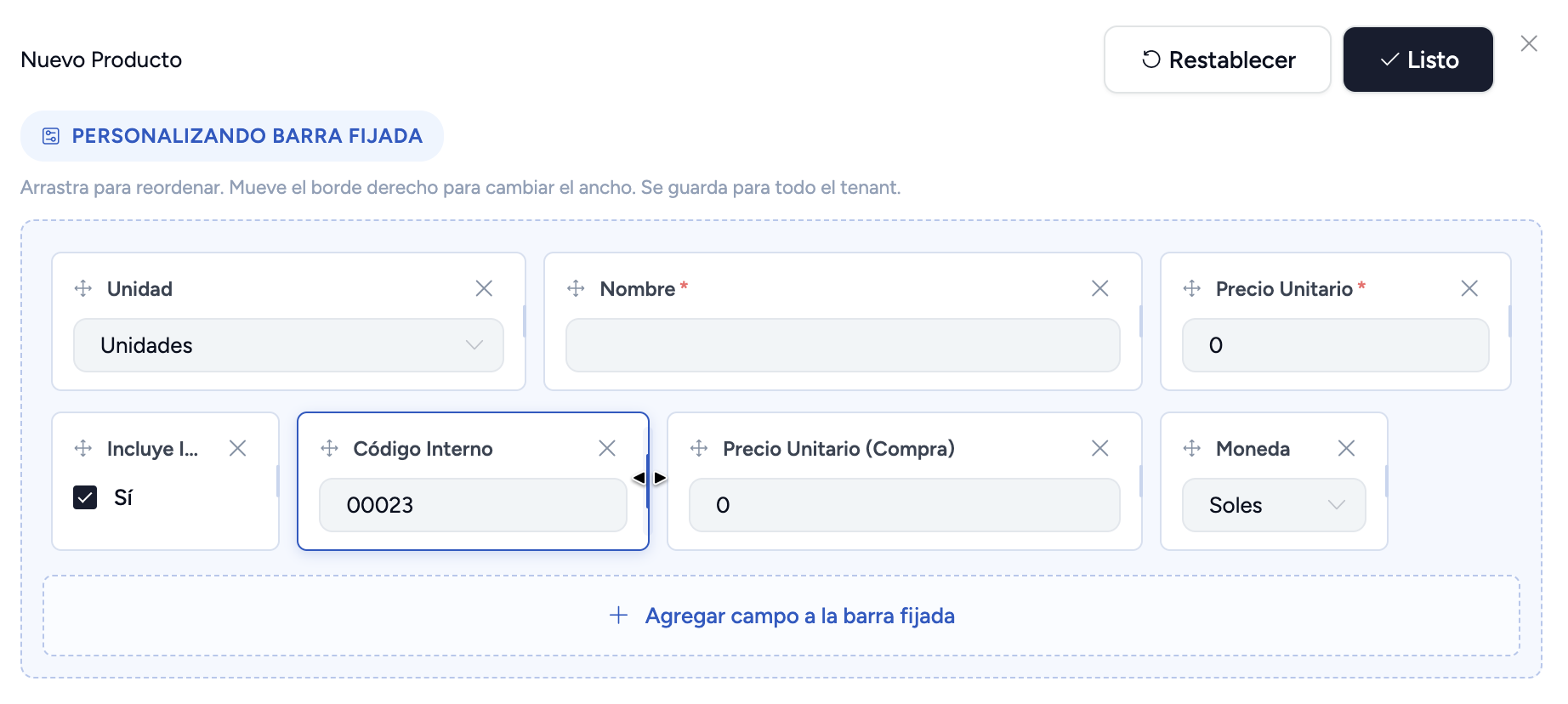 Personalización de la barra de campos: arrastrar, reordenar y redimensionar